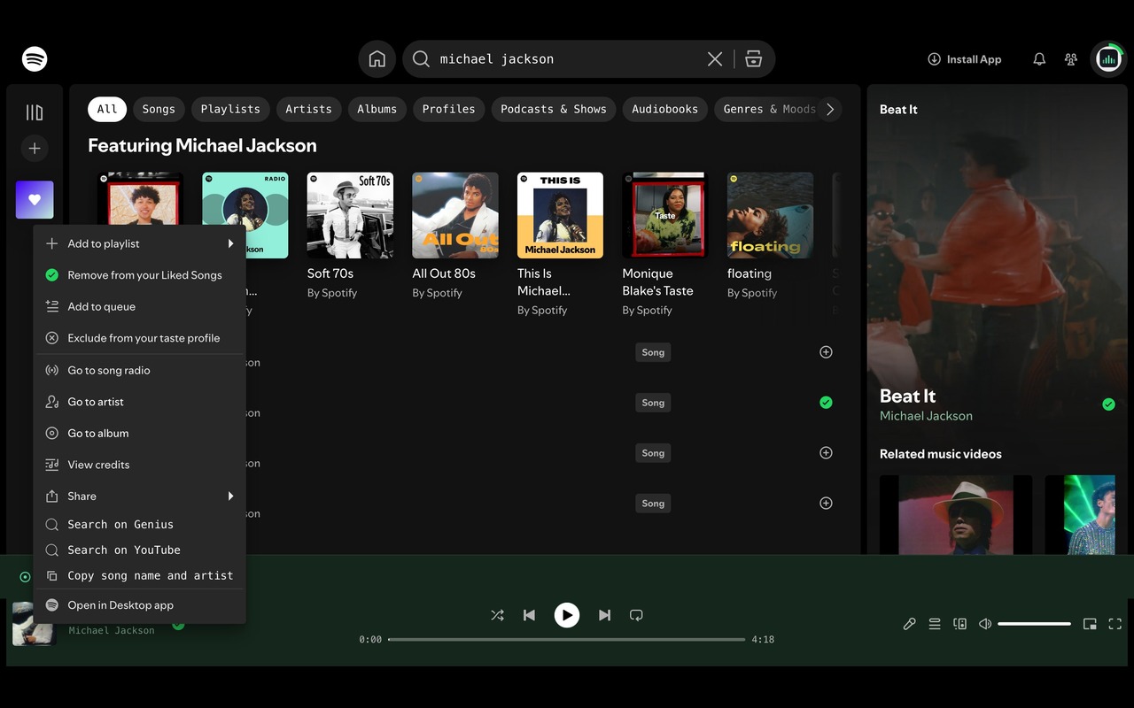 Spotify right-click context menu with Sidekick's added Search on Genius, Search on YouTube, and Copy song name and artist entries