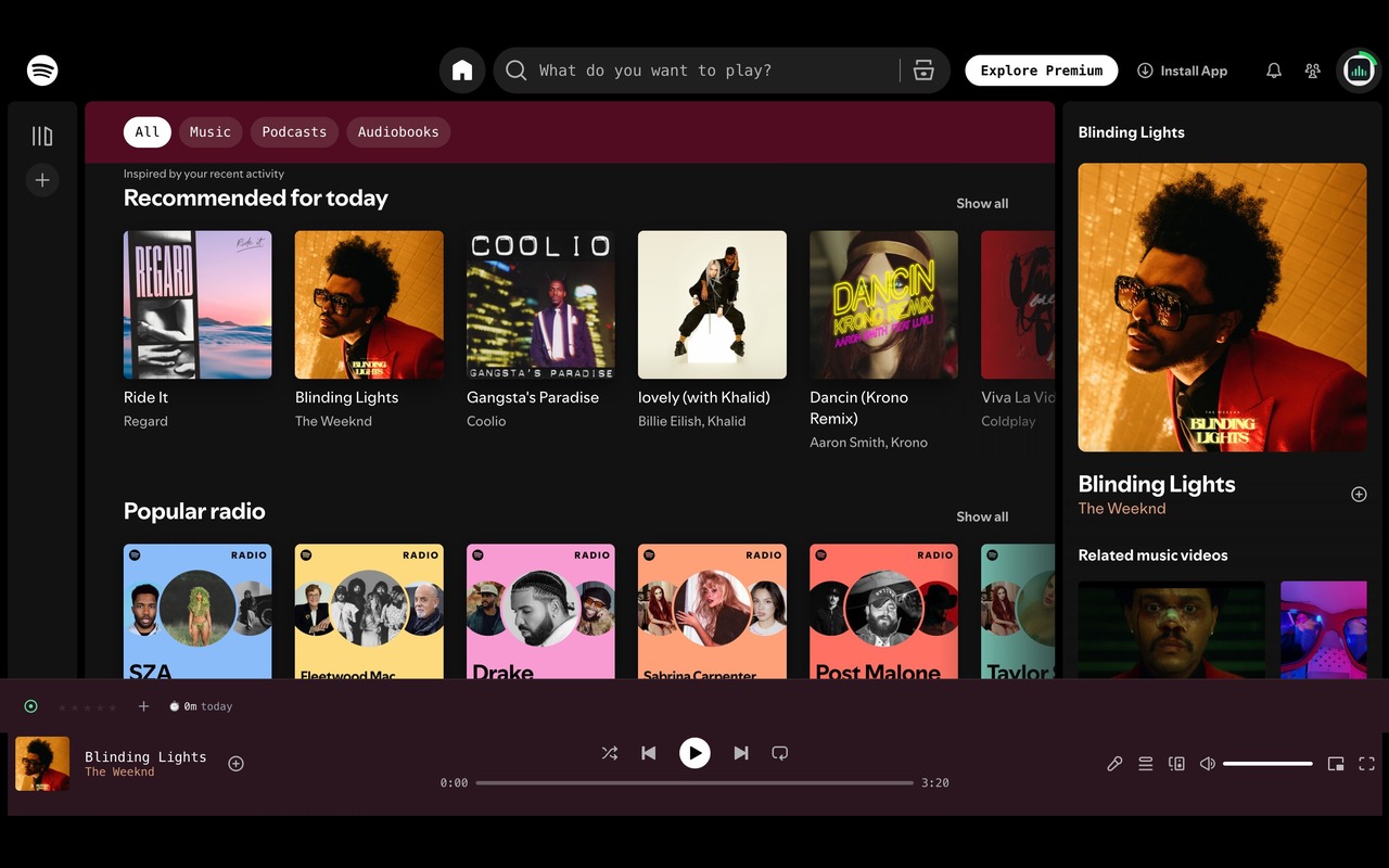 Spotify Web Player home screen with the Sidekick control row visible under the now-playing bar