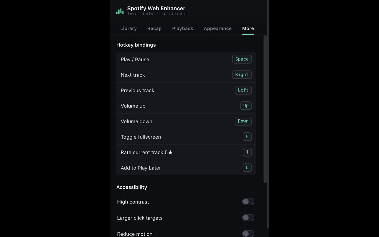 Sidekick popup More tab showing the full hotkey binding list and accessibility toggles