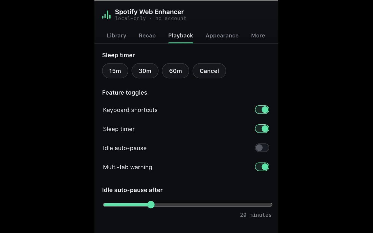 Sidekick popup Playback tab showing sleep timer presets and feature toggles